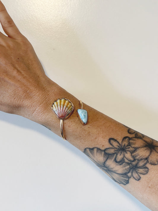 Pastel Rainbow Moonrise Shell + Larimar wrap cuff
