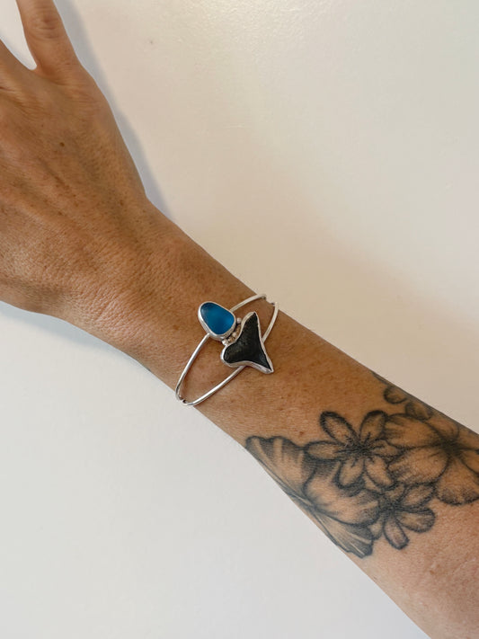Rising Blue Sea Glass + Shark Tooth Double Band cuff
