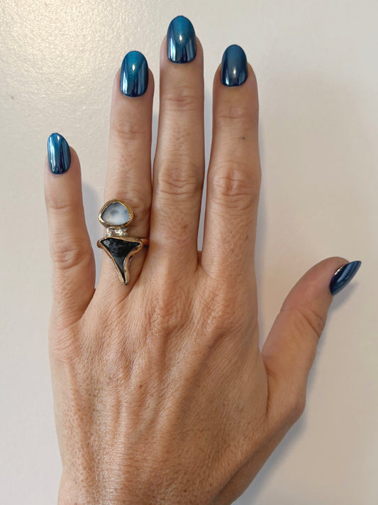shark tooth + Light Blue Sea Glass Size 6.75