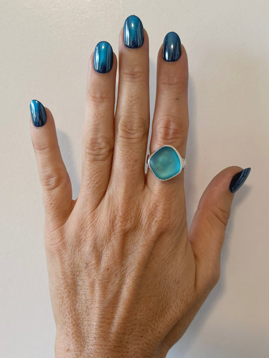 Massive Blue Sea Glass Floral Band Size 7.5